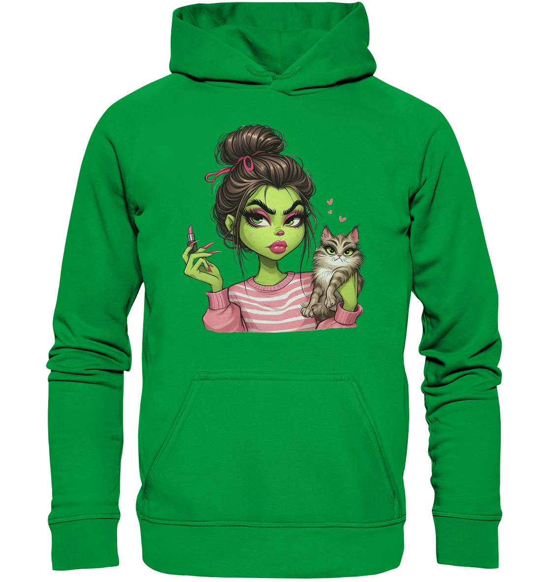 Grinch Mädchen mit Lippenstift & Katze - Basic Unisex Hoodie