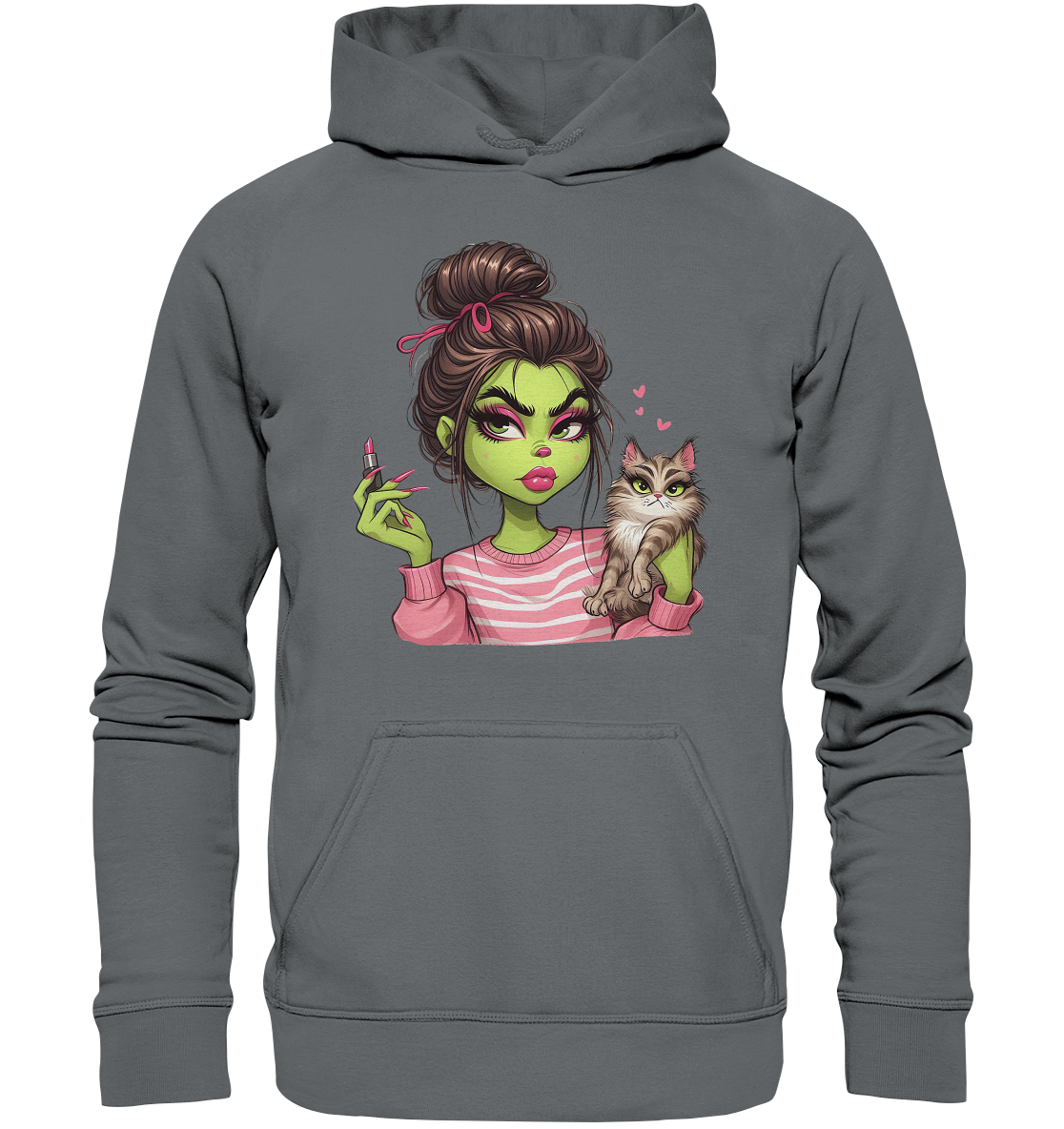 Grinch Mädchen mit Lippenstift & Katze - Basic Unisex Hoodie