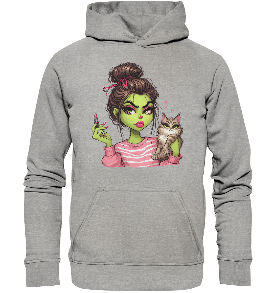 Grinch Mädchen mit Lippenstift & Katze - Basic Unisex Hoodie
