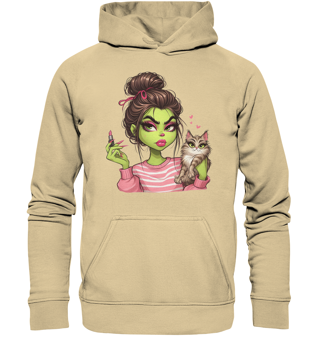 Grinch Mädchen mit Lippenstift & Katze - Basic Unisex Hoodie