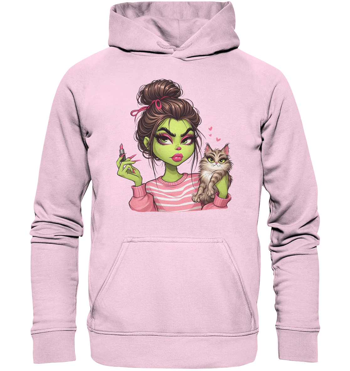 Grinch Mädchen mit Lippenstift & Katze - Basic Unisex Hoodie