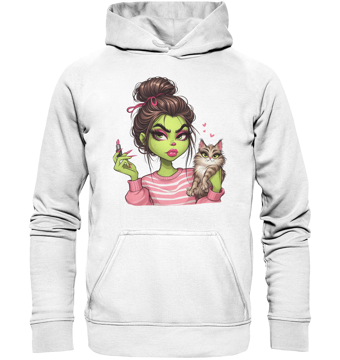 Grinch Mädchen mit Lippenstift & Katze - Basic Unisex Hoodie