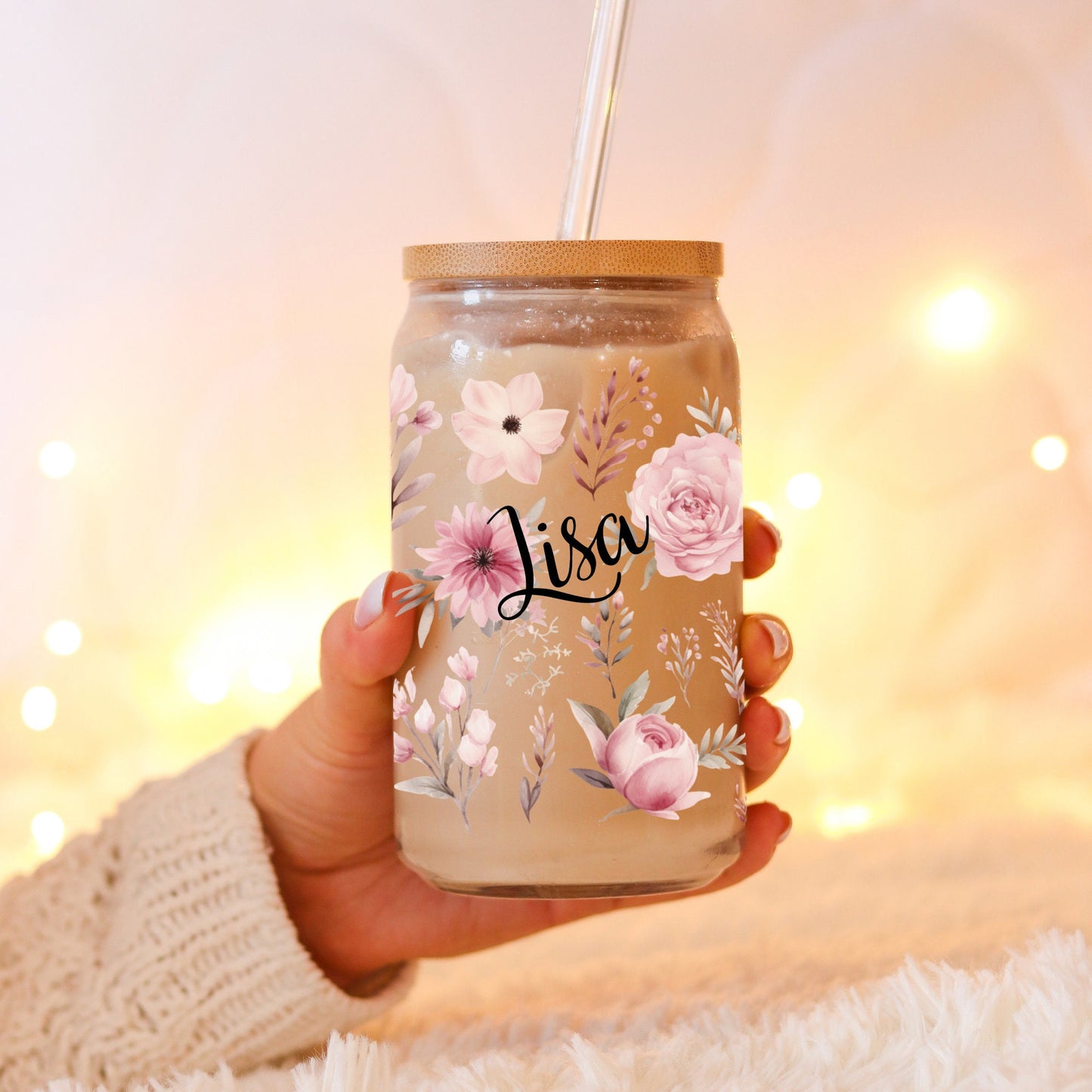 UV DTF Aufkleber rosa Blumen/Sticker/für Glasbecher mit Bambusdeckel ca. 500ml/zum selbst aufkleben