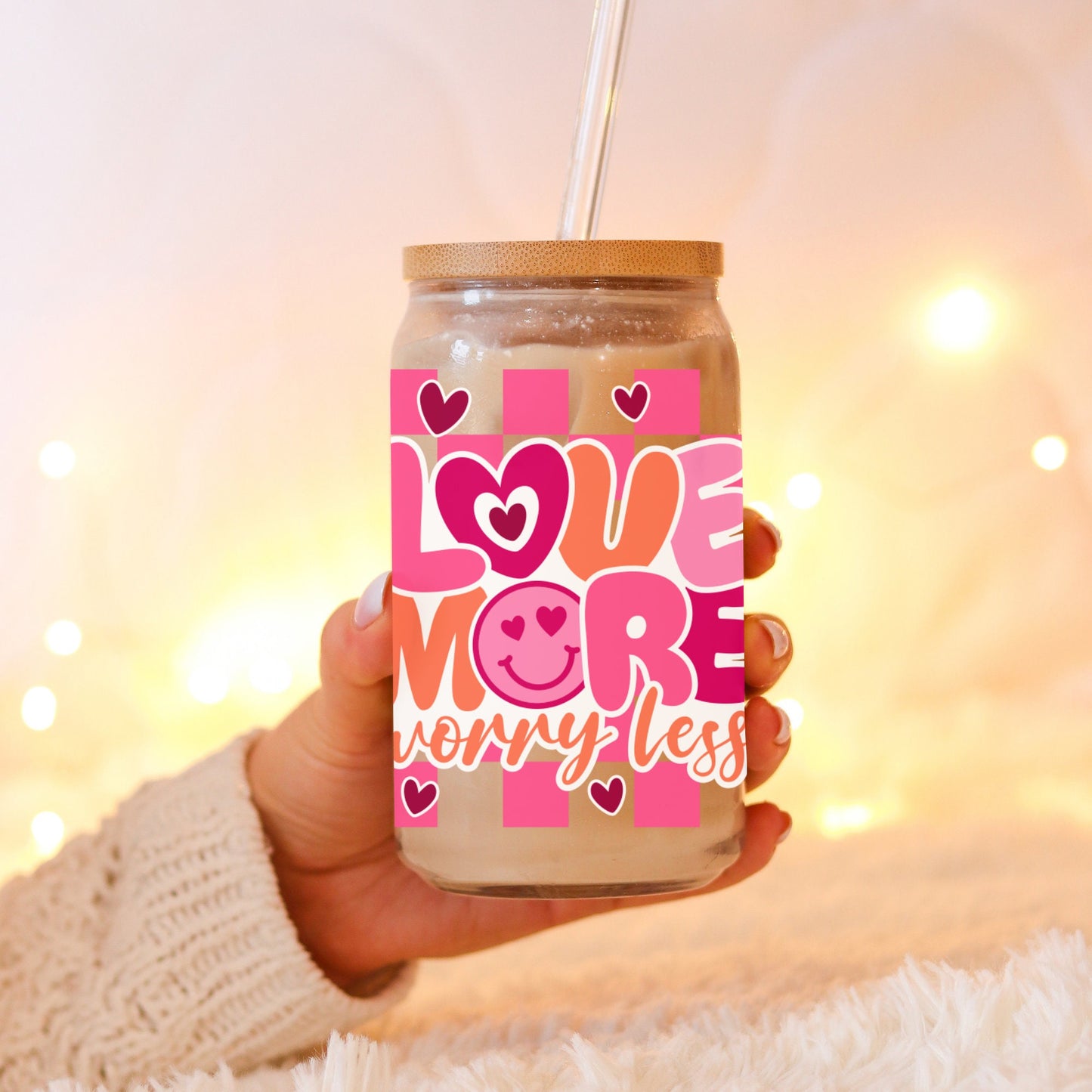 UV DTF Aufkleber Love more/Sticker/für Glasbecher mit Bambusdeckel ca. 500ml/zum selbst aufkleben