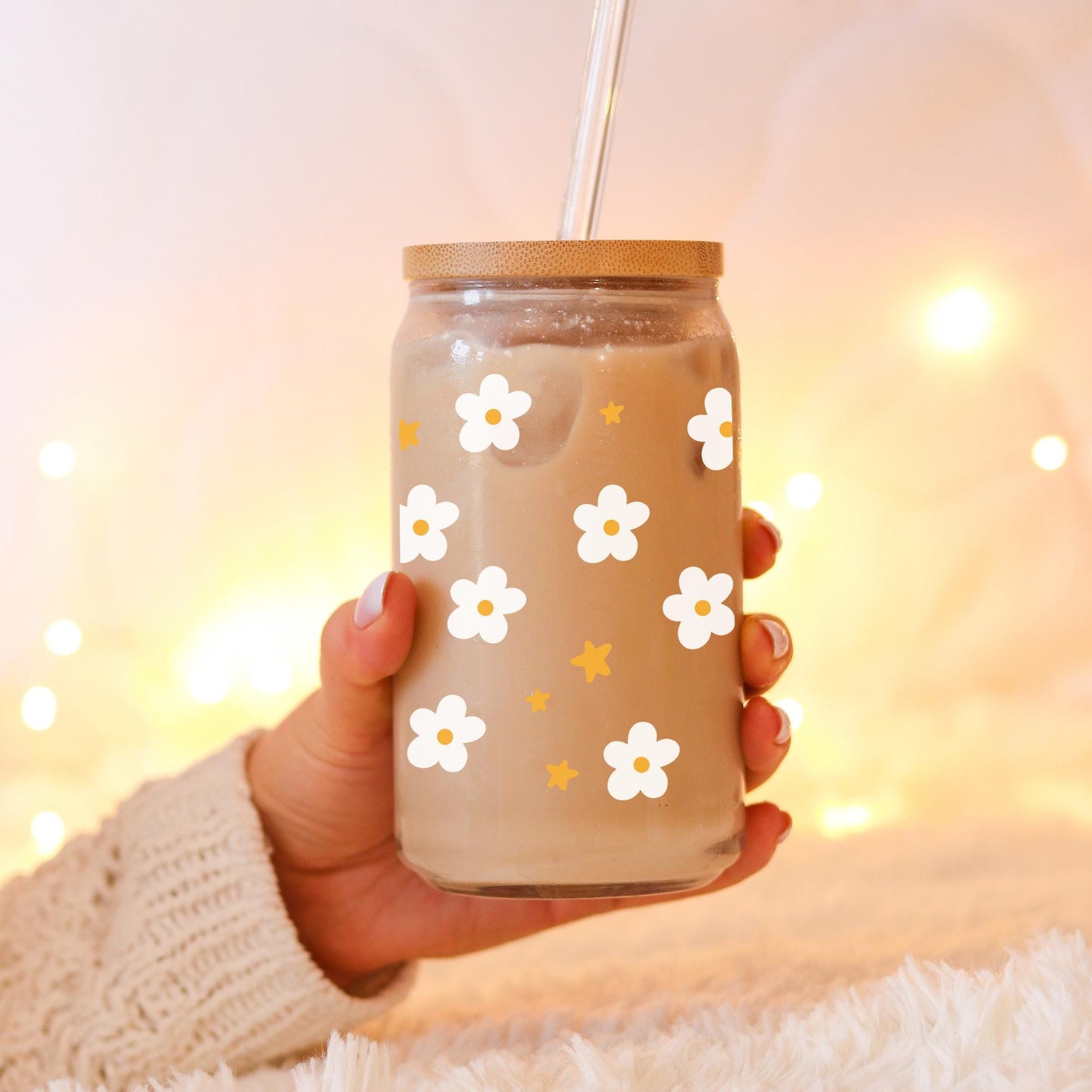 UV DTF Aufkleber weiße Blumen/Sticker/für Glasbecher mit Bambusdeckel ca. 500ml/zum selbst aufkleben