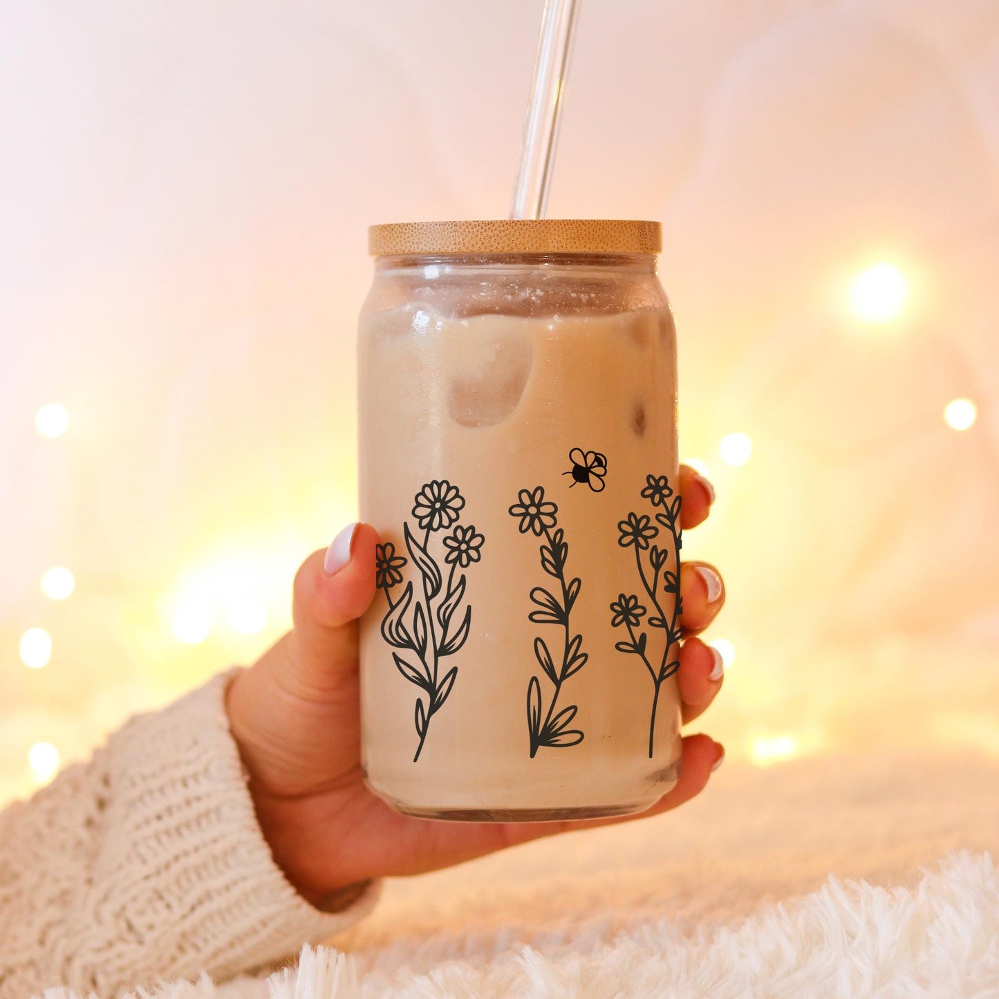 UV DTF Aufkleber schwarze lineare Blumen/Sticker/für Glasbecher mit Bambusdeckel ca. 500ml/zum selbst aufkleben