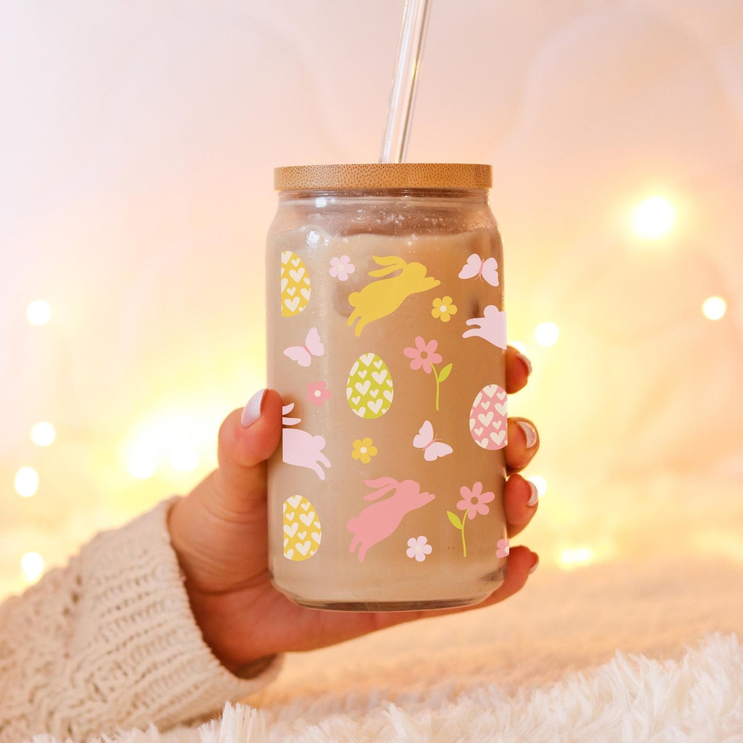 UV DTF Aufkleber Ostern/Osterhase/Ostereier/Sticker/für Glasbecher mit Bambusdeckel ca. 500ml/zum selbst aufkleben