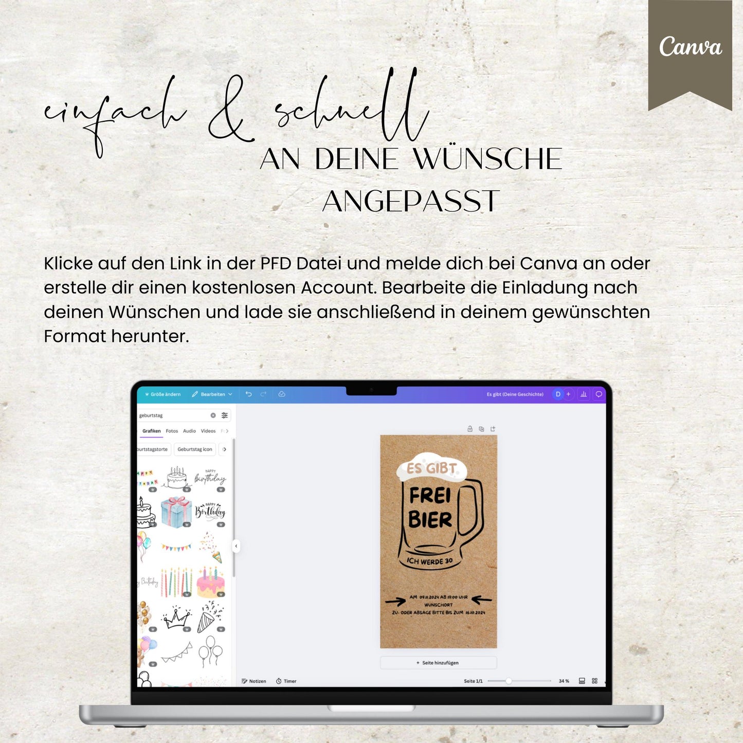 Digitale Geburtstagseinladung | Einladung für Männer | Frei Bier | digitale Einladung | Einladung | Card | Geburtstag | Canva Vorlage