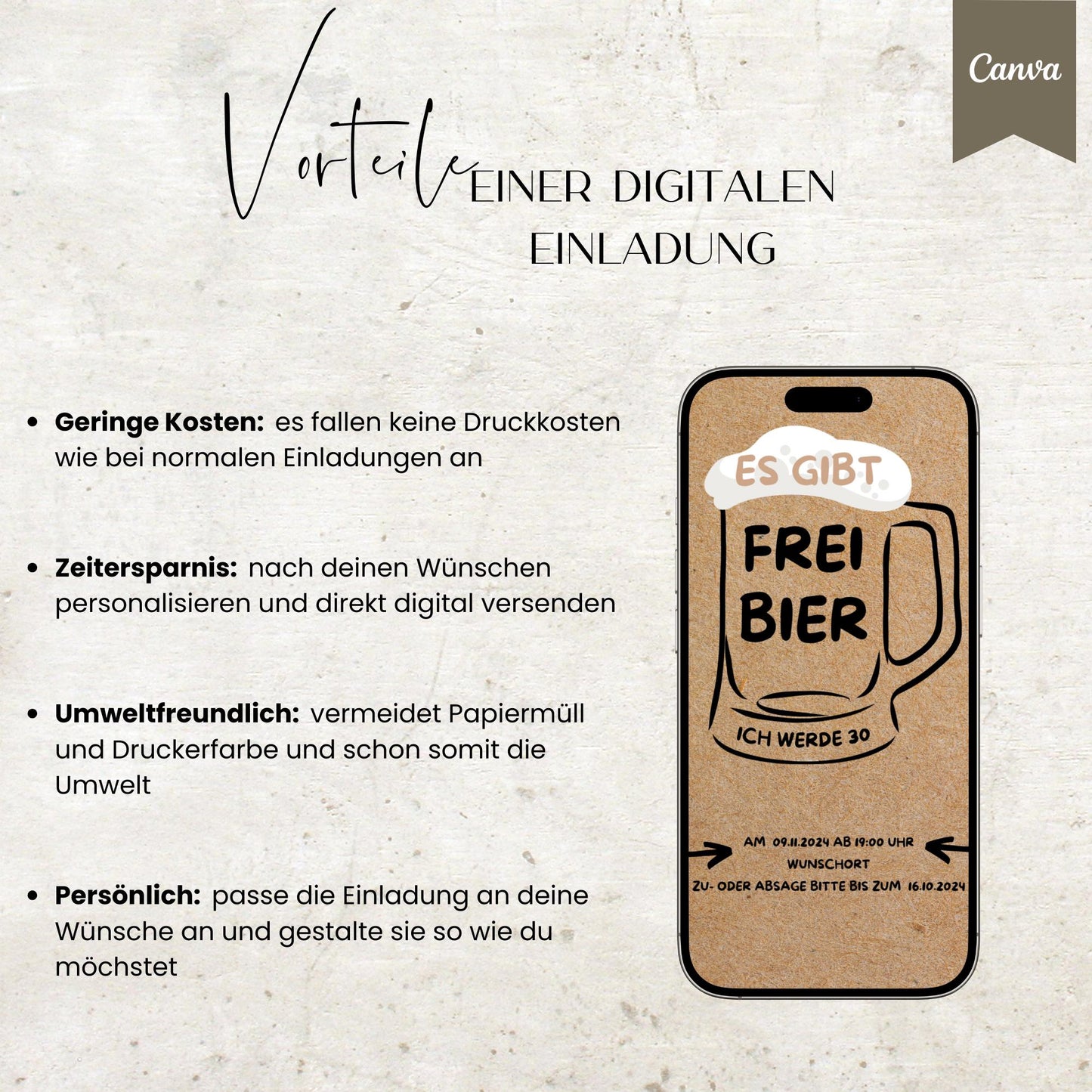 Digitale Geburtstagseinladung | Einladung für Männer | Frei Bier | digitale Einladung | Einladung | Card | Geburtstag | Canva Vorlage