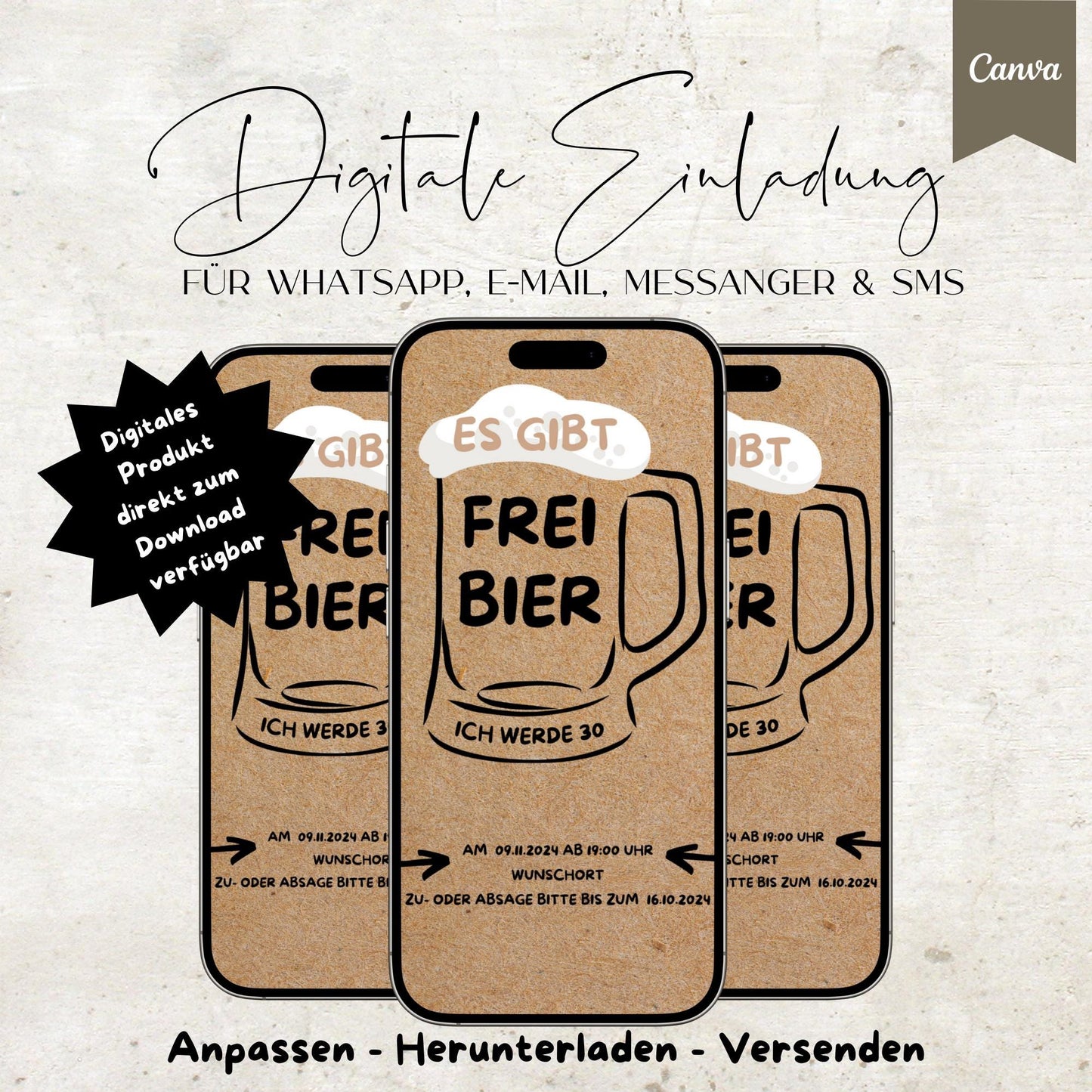 Digitale Geburtstagseinladung | Einladung für Männer | Frei Bier | digitale Einladung | Einladung | Card | Geburtstag | Canva Vorlage