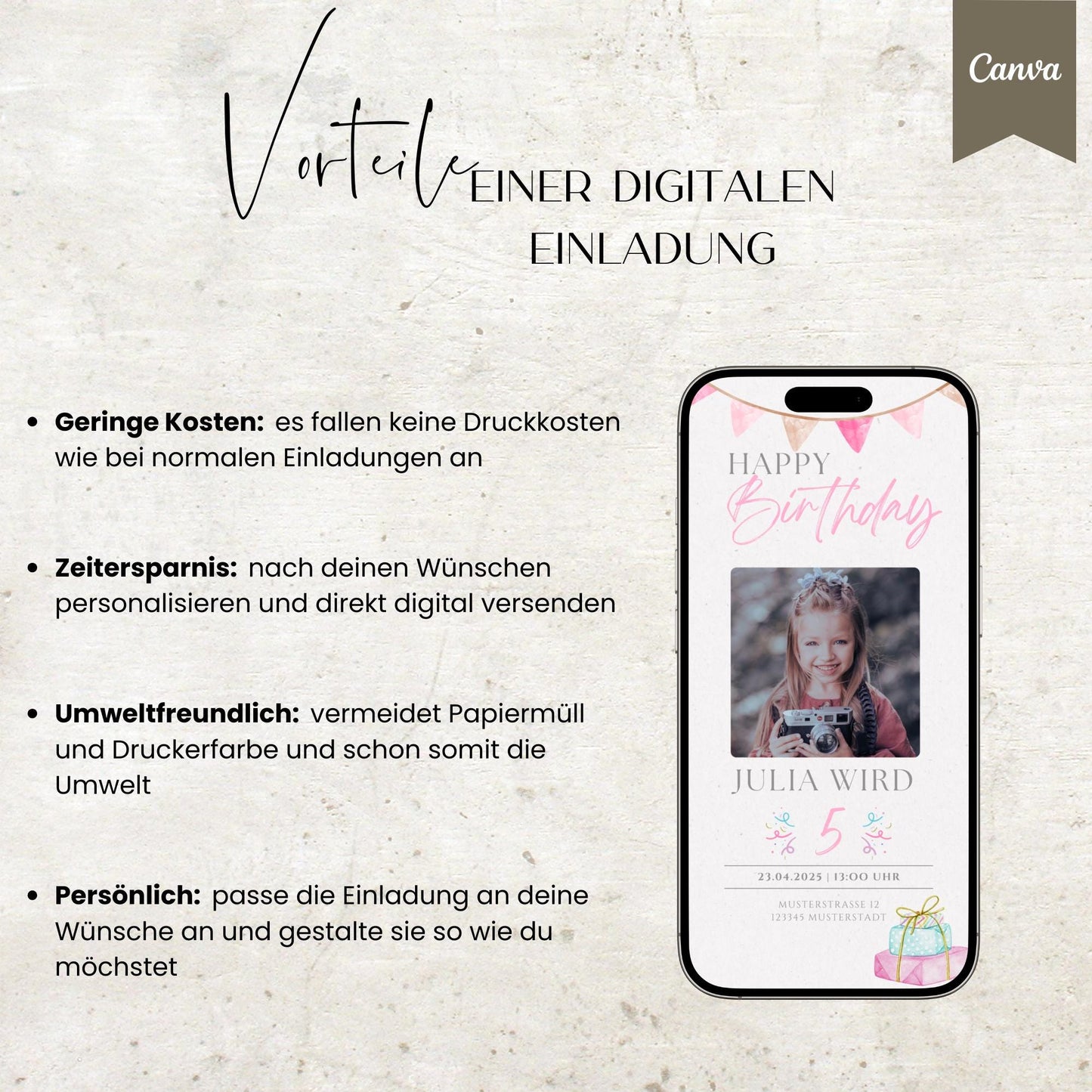 Digitale Geburtstagseinladung Kind | Vorlage Einladung | Kindergeburtstag | digitale Einladung | eCard | Geburtstag | Canva Vorlage |