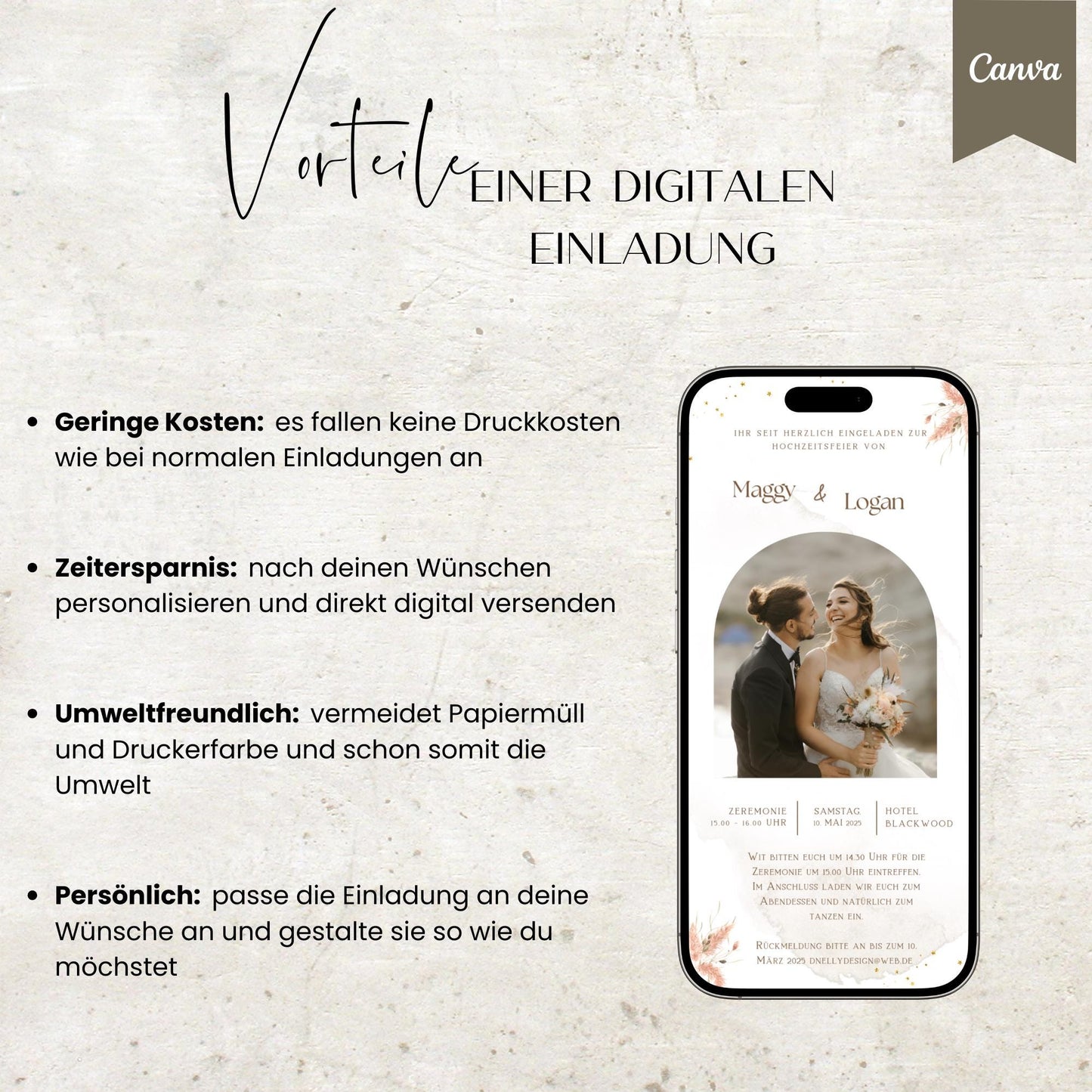 Digitale Hochzeitseinladung | Vorlage Einladung | Foto | digitale Einladung | Einladung | Card | Hochzeit | Canva Vorlage
