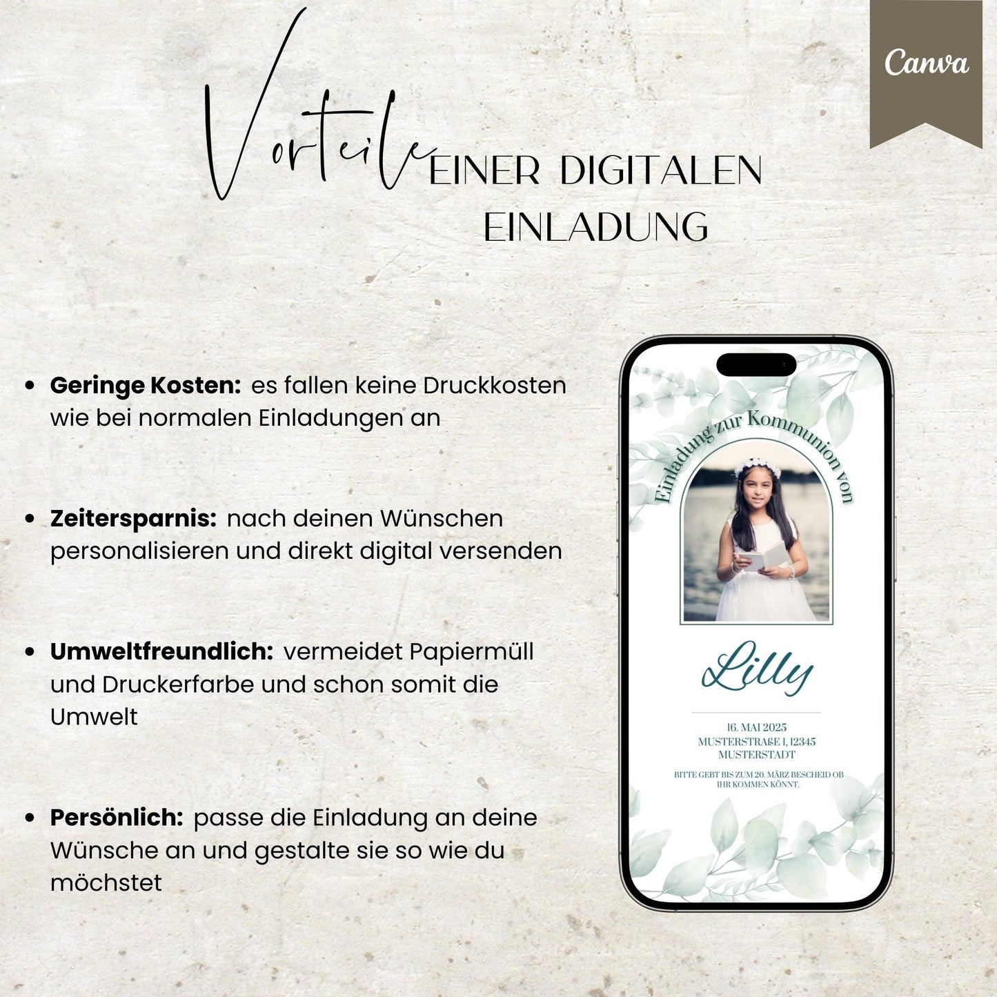 Digitale Kommunioneinladung | Einladung zur Kommunion | digitale Einladung | Einladung | Card | Kommunion | Canva Vorlage