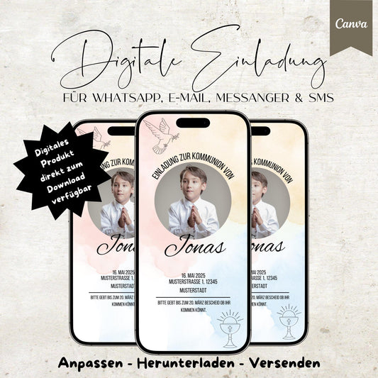 Digitale Kommunioneinladung | Einladung zur Kommunion | digitale Einladung | Einladung | Card | Kommunion | Canva Vorlage