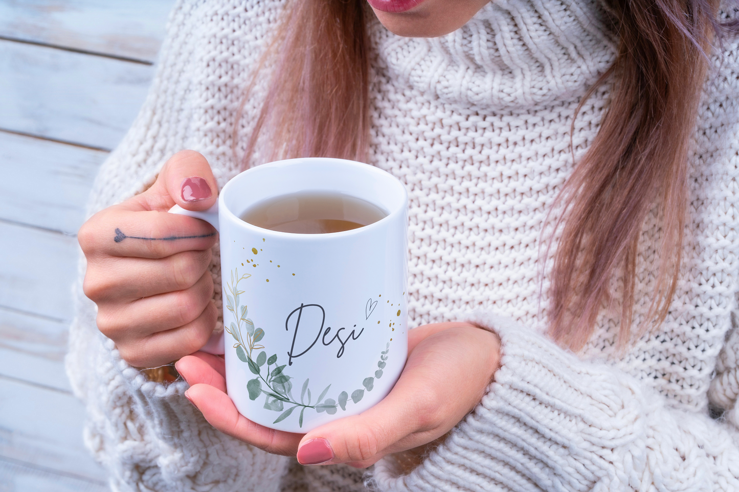 Panorama Tasse in modernen Eukalyptus Design personalisiert mit deinem Namen