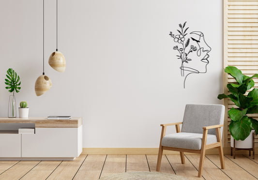 Linearte Wanddeko Gesicht mit Blumen aus Holz | Wandekoration | Wanddeko aus Holz