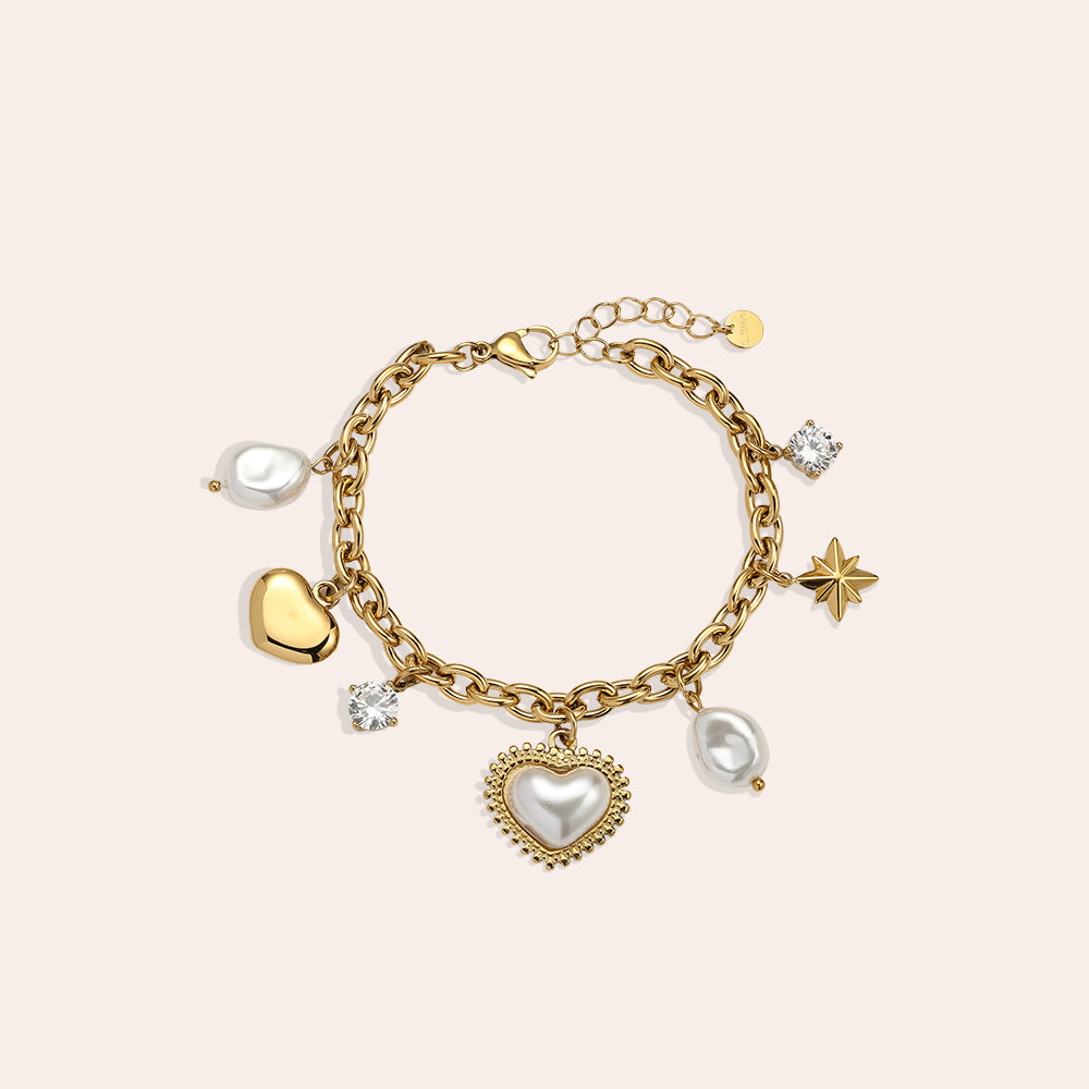 Diamond Pearl Heart And Star Edelstahl Armband | 16 cm