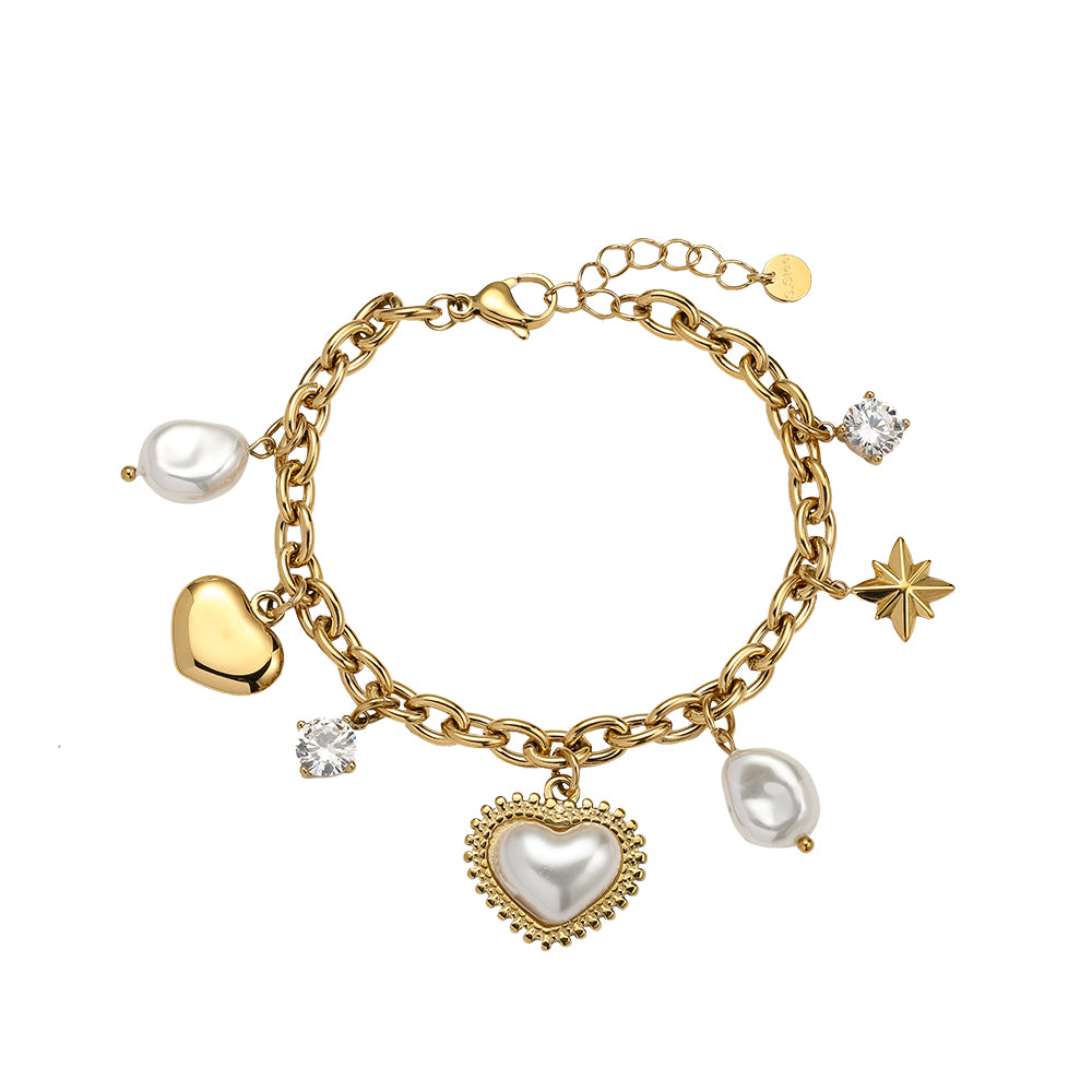 Diamond Pearl Heart And Star Edelstahl Armband | 16 cm