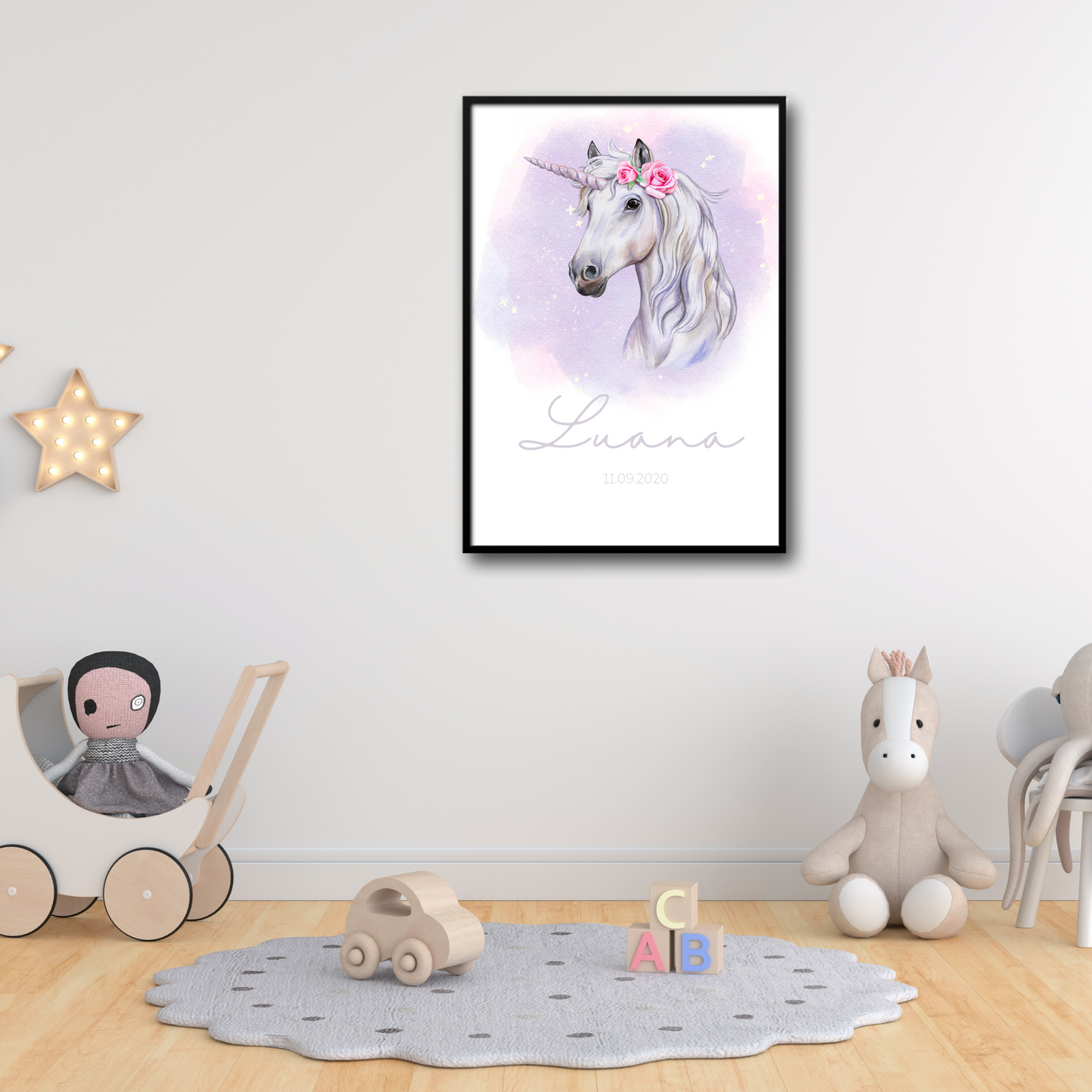 Geburtsposter mit Einhorn-Motiv  - Poster Din A1 (hoch)