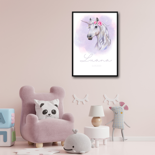 Geburtsposter mit Einhorn-Motiv  - Poster Din A1 (hoch)