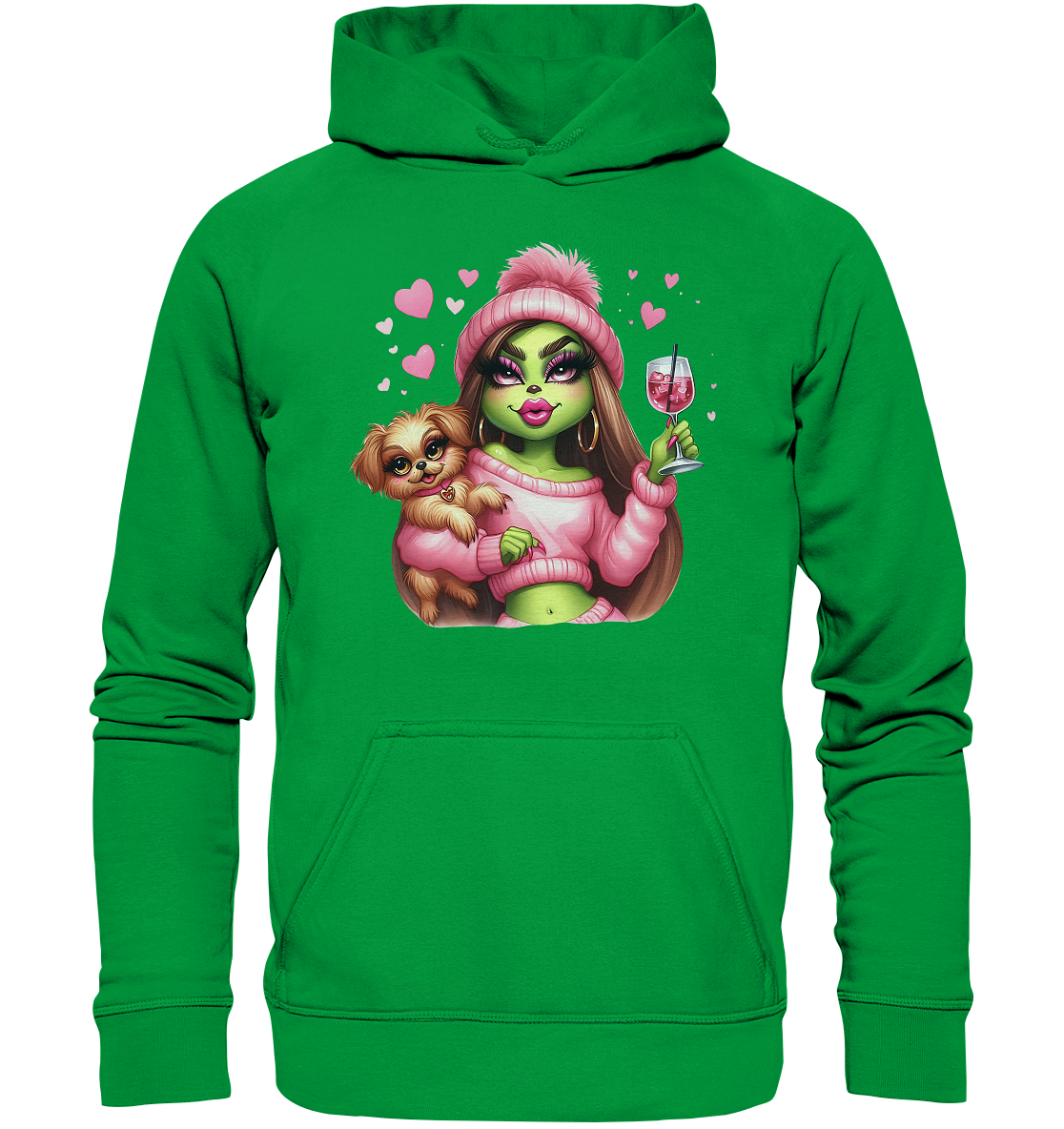 Grinch Mädchen mit Glas & Hund - Basic Unisex Hoodie