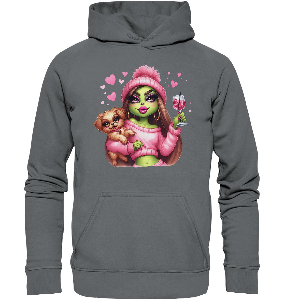 Grinch Mädchen mit Glas & Hund - Basic Unisex Hoodie