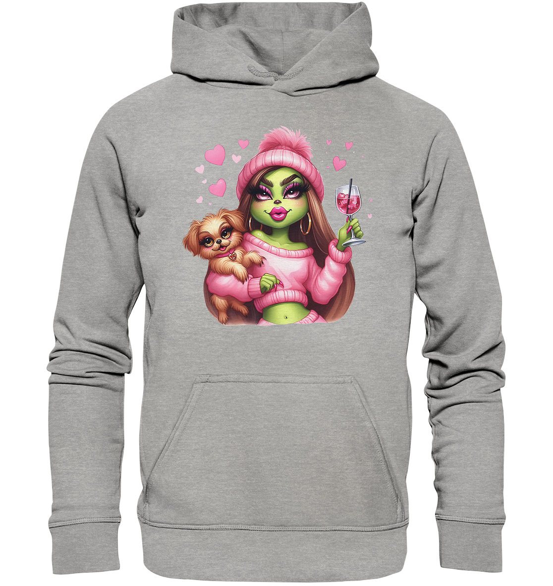 Grinch Mädchen mit Glas & Hund - Basic Unisex Hoodie