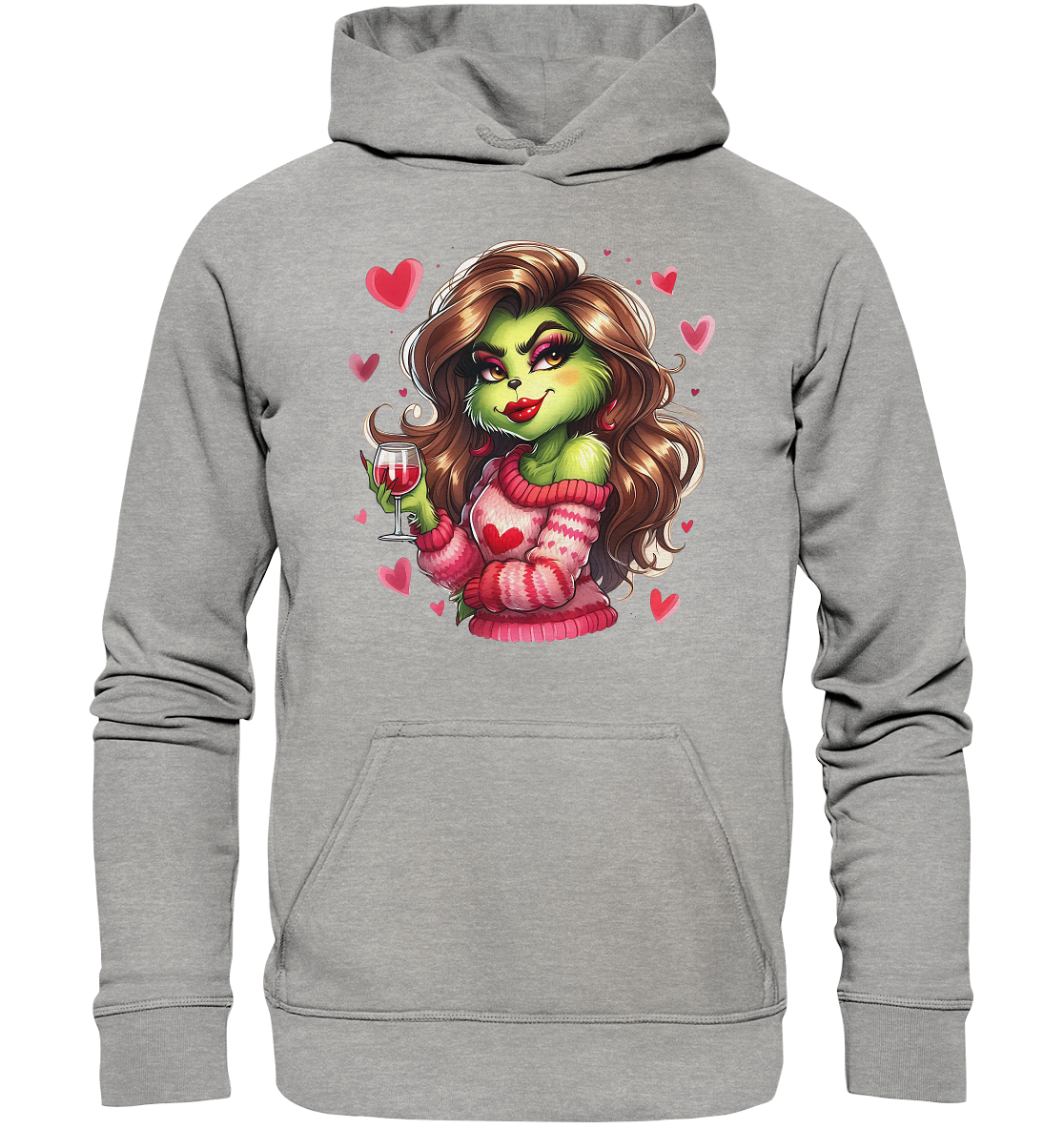 Grinch Girl with Wine Glass - Basic Unisex Hoodie