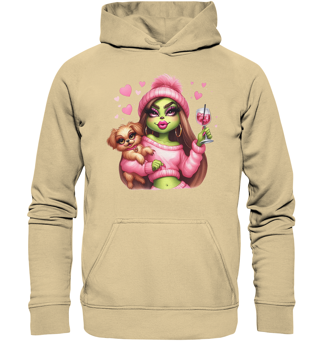 Grinch Mädchen mit Glas & Hund - Basic Unisex Hoodie