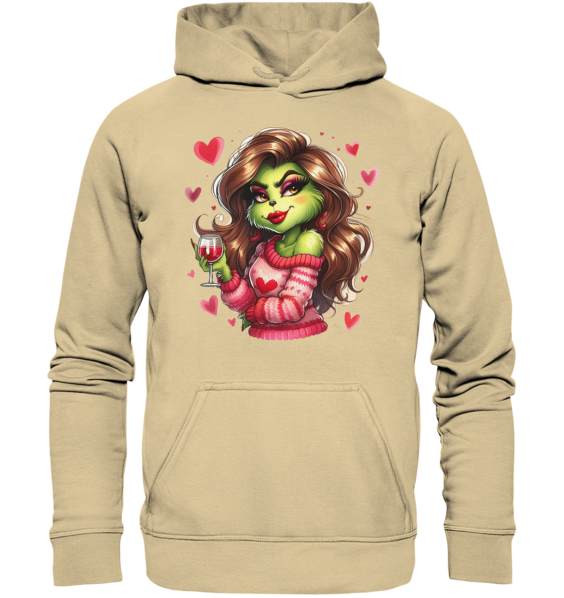 Grinch Girl with Wine Glass - Basic Unisex Hoodie