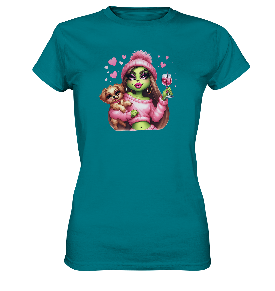 Grinch Mädchen mit Glas & Hund - Ladies Premium Shirt