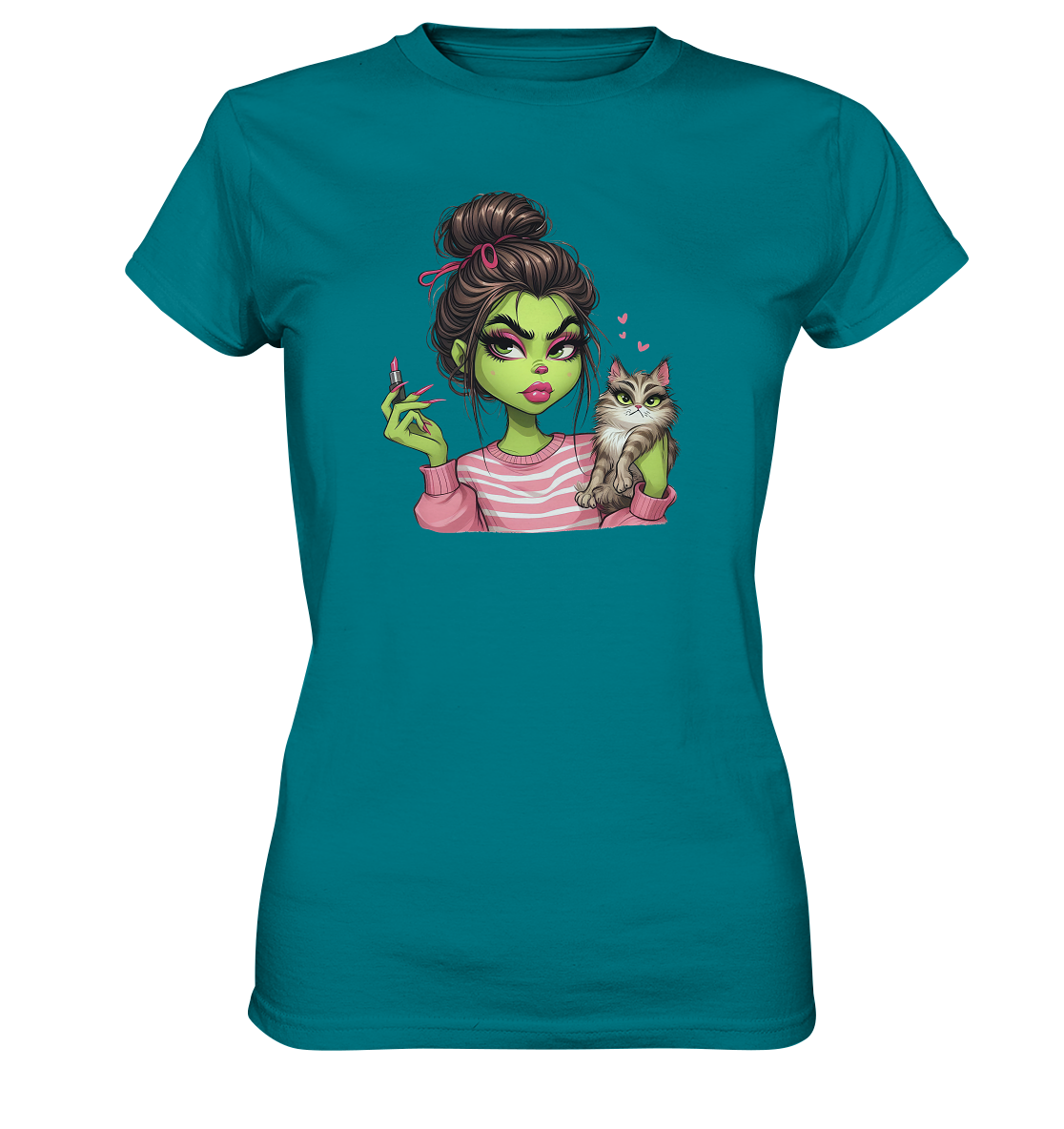 Grinch Mädchen mit Lippenstift & Katze - Ladies Premium Shirt