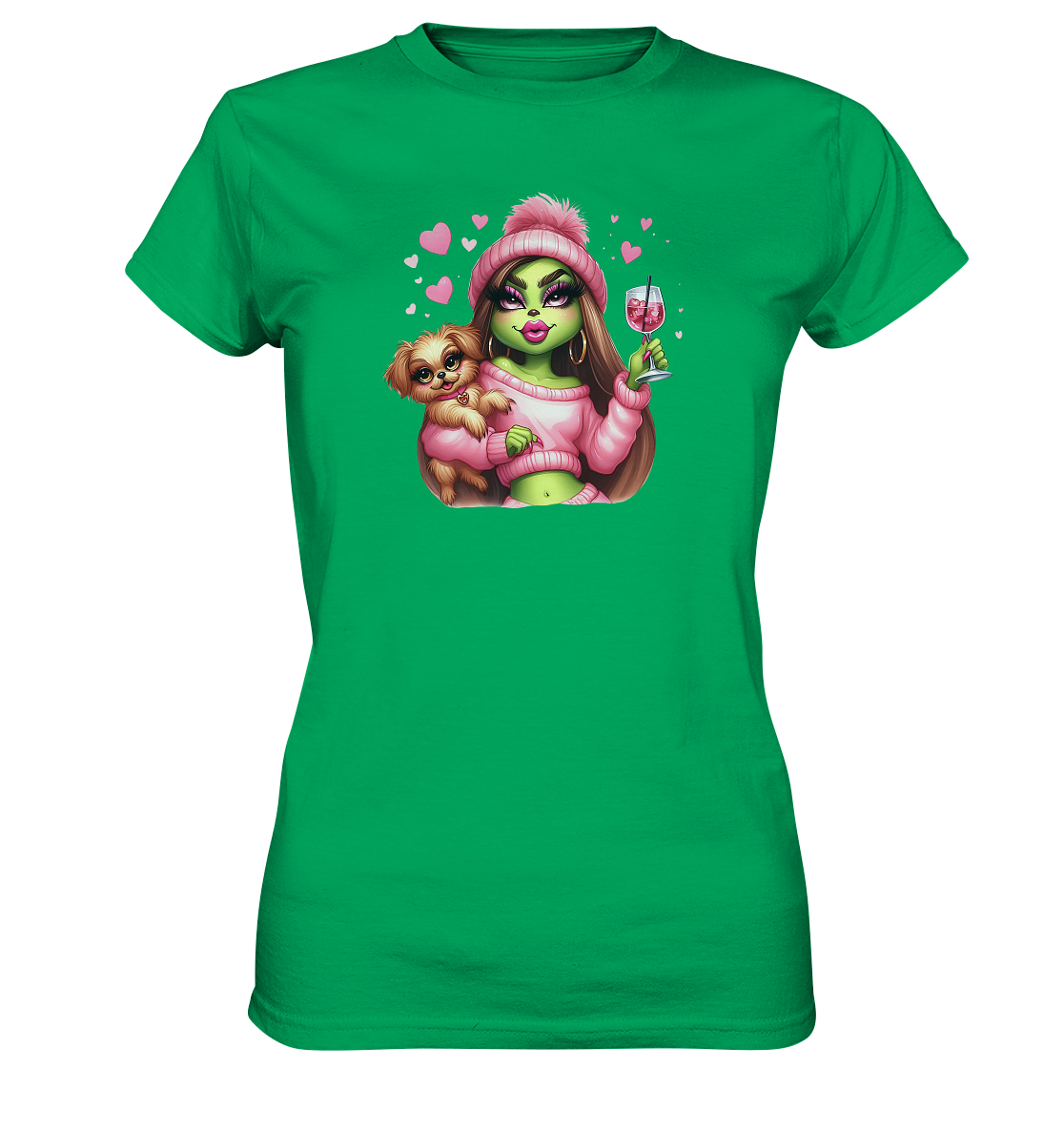 Grinch Mädchen mit Glas & Hund - Ladies Premium Shirt