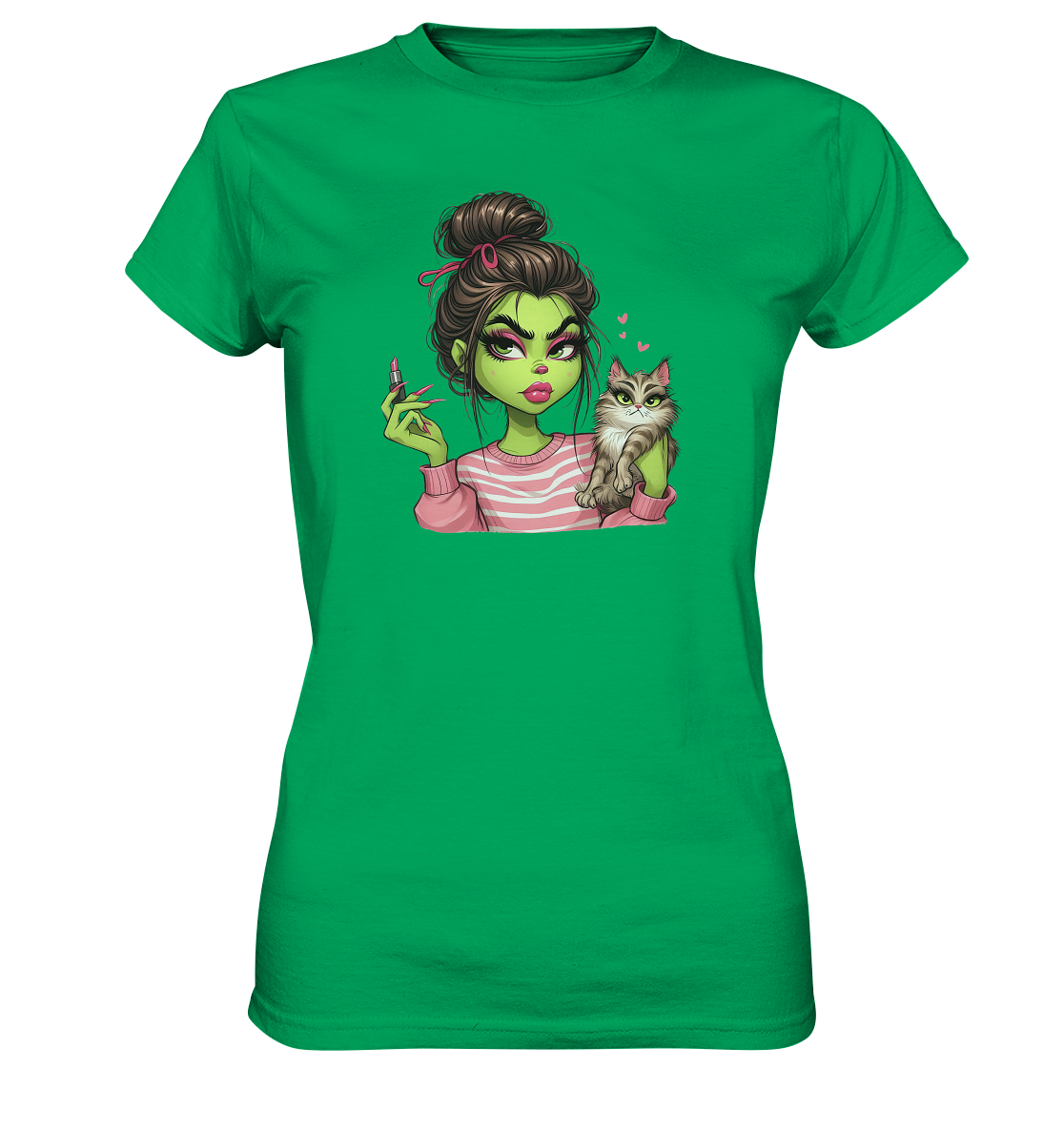 Grinch Mädchen mit Lippenstift & Katze - Ladies Premium Shirt