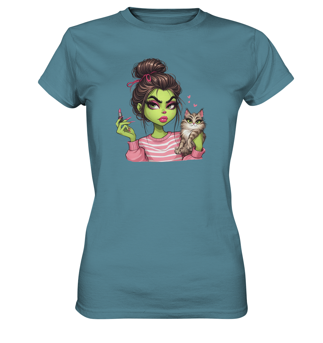 Grinch Mädchen mit Lippenstift & Katze - Ladies Premium Shirt