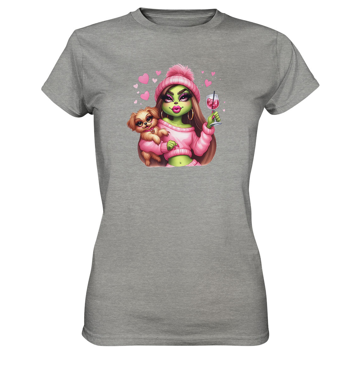 Grinch Mädchen mit Glas & Hund - Ladies Premium Shirt