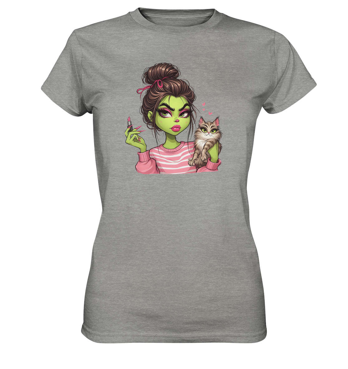 Grinch Mädchen mit Lippenstift & Katze - Ladies Premium Shirt