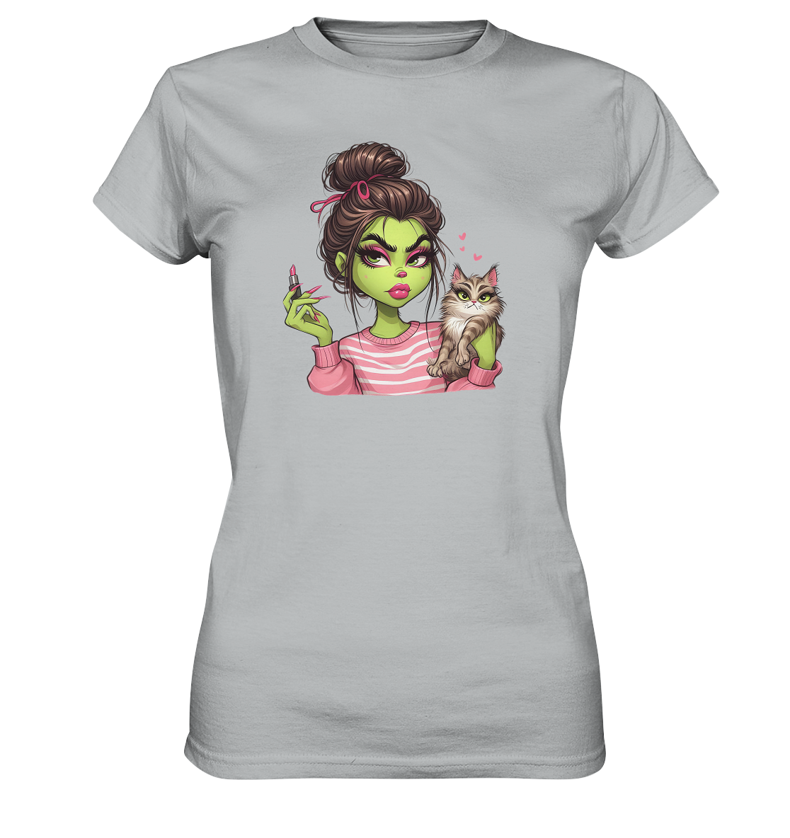 Grinch Mädchen mit Lippenstift & Katze - Ladies Premium Shirt