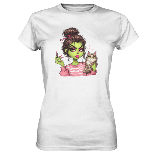 Grinch Mädchen mit Lippenstift & Katze - Ladies Premium Shirt