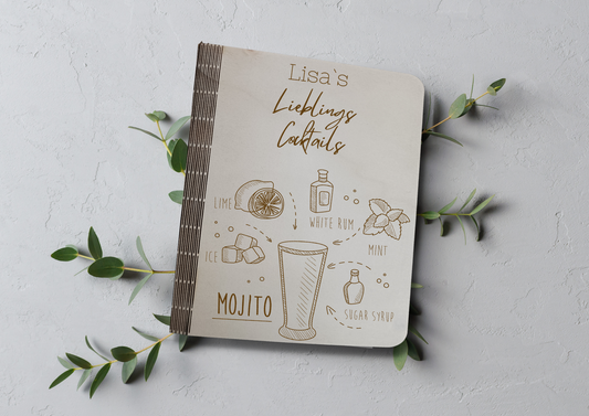 Personalisiertes Rezeptbuch für Cocktails aus Holz/Geschenk für Mama/Geschenkidee Cocktailliebhaber/Rezeptbuch aus Holz/Rezeptebuch