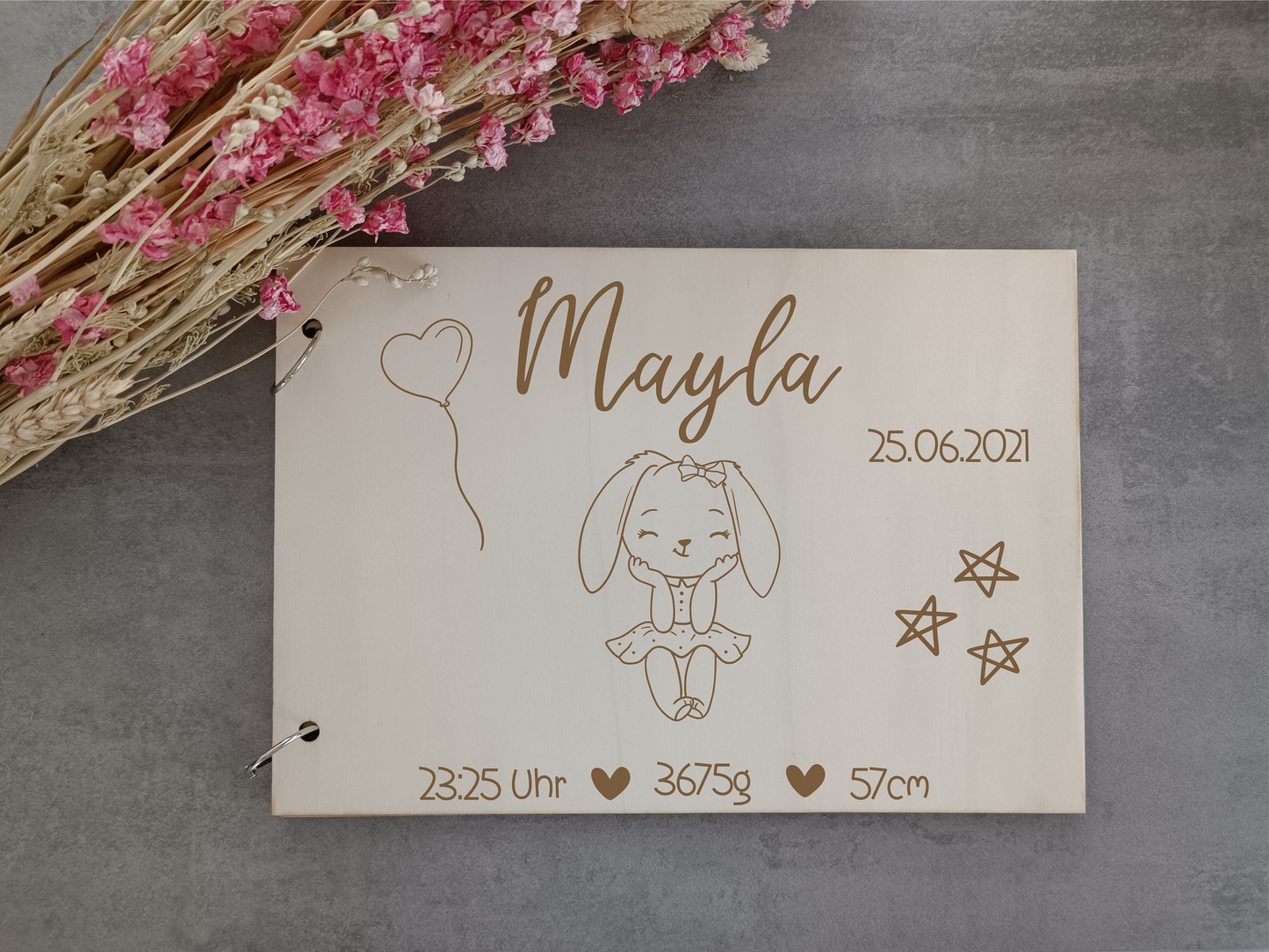 Birth memory book, wooden photo book personalized with your names and dates
