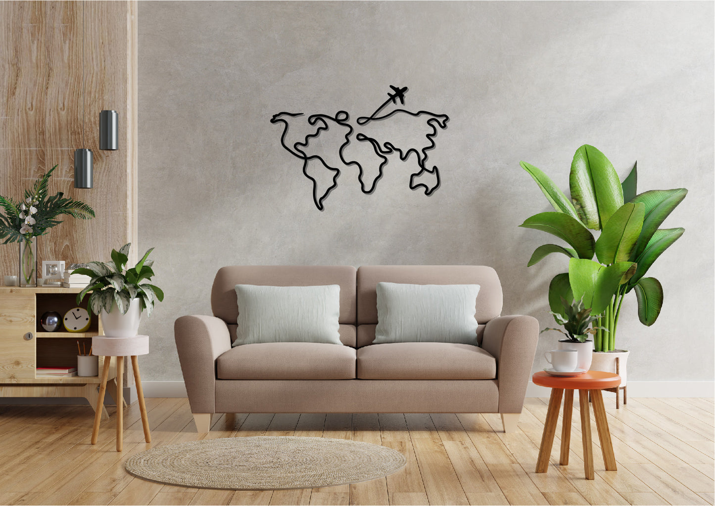 Linearte wall decoration world map with airplane made of wood/wall decoration/wall decoration made of wood