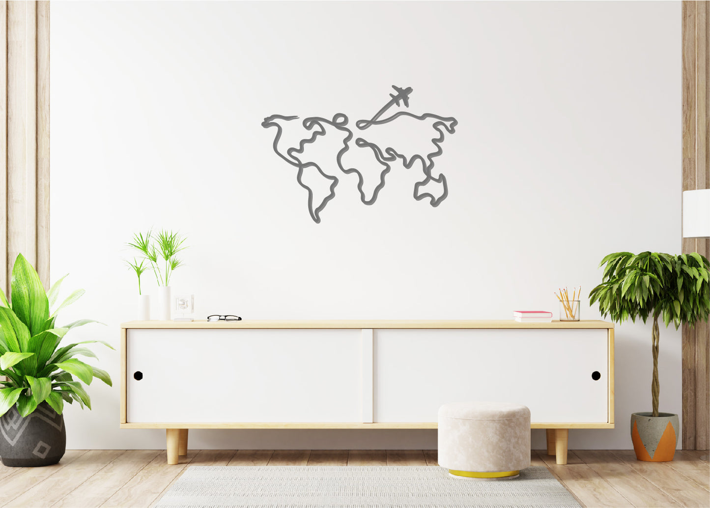 Linearte wall decoration world map with airplane made of wood/wall decoration/wall decoration made of wood