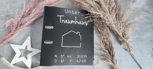 Vinyl Aufkleber Haus Ordner Hausbau Traumhaus modern Koordinaten Namen personalisiert