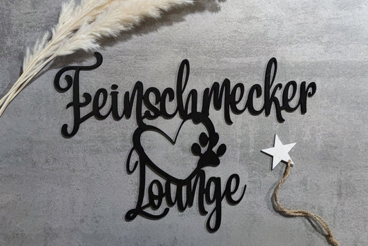 Feinschmecker Lounge Schriftzug für Tierfutterplatz/Futterplatzschild/Futterplatzschriftzug/Schriftzug aus Holz/Hunde/Katzen/personalisiert