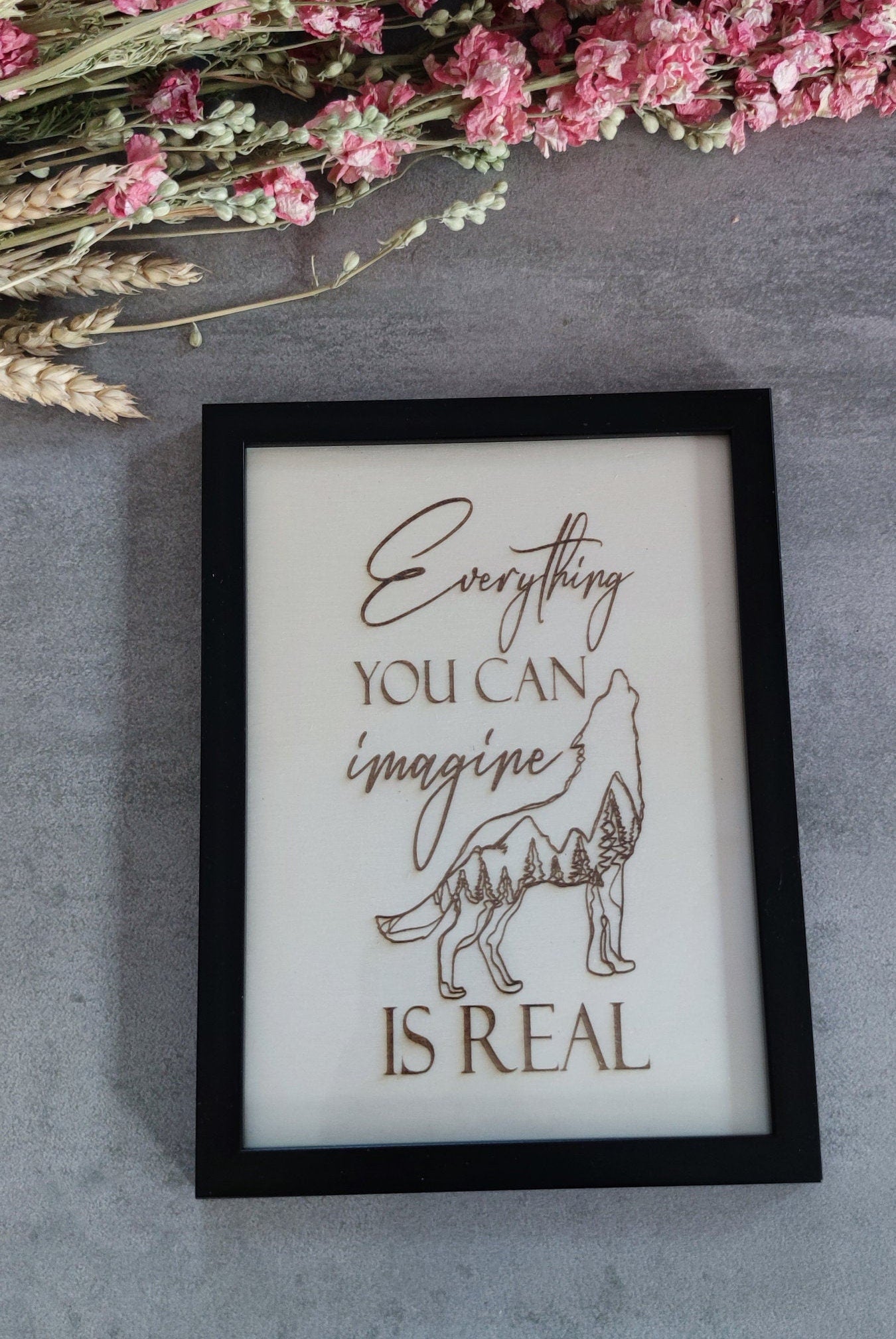 Wooden picture "Everything you can imagine is real"/wooden picture/picture with saying/wolf/picture with wolf